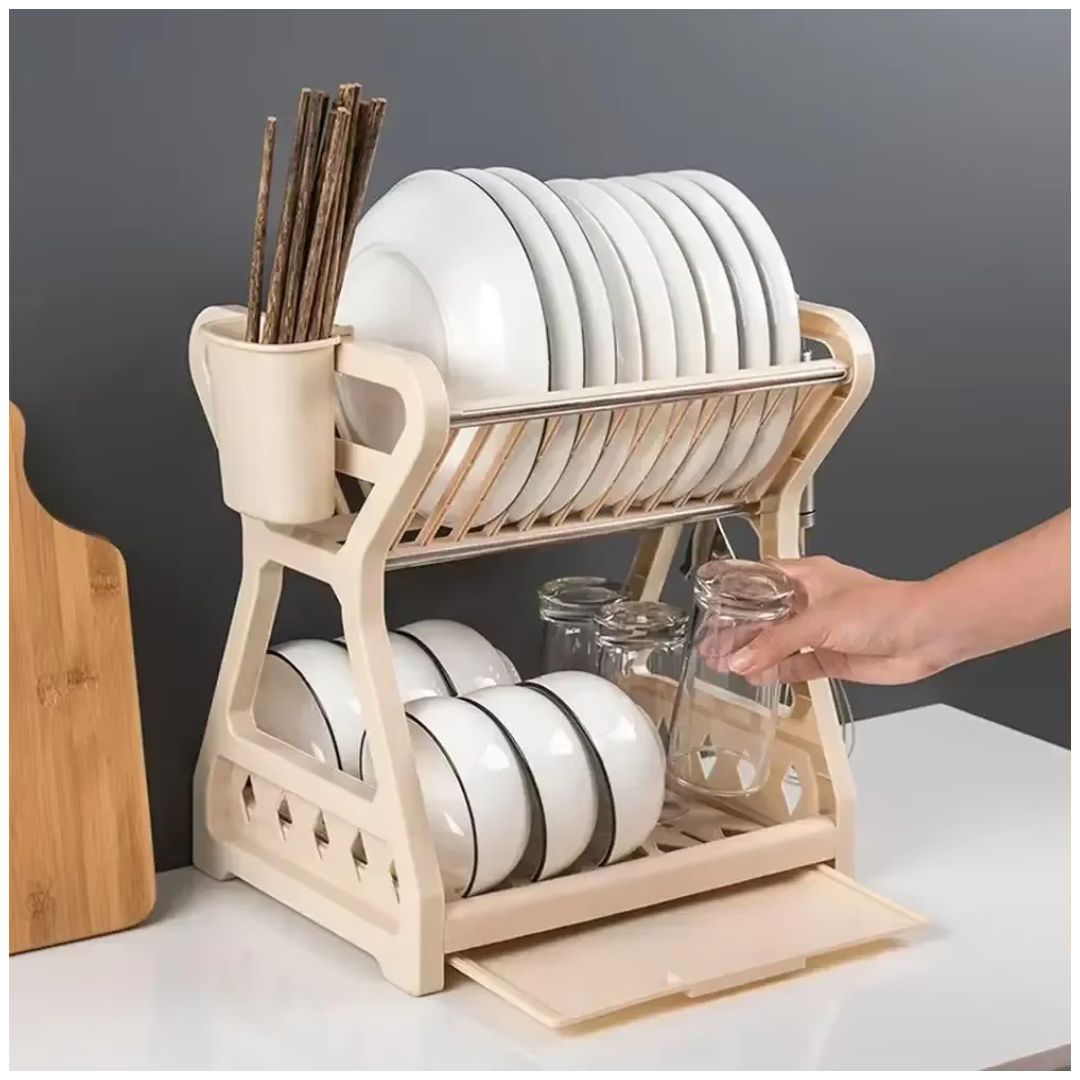 Escurridor de Platos Vajilla 2 Niveles con Soporte para Cubiertos y Bandeja de Goteo