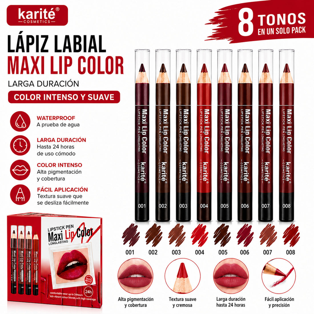 Pack x8 Tonos Lápiz Labial Maxi Lip Color Karité Cosmetics Larga Duración 24Hr