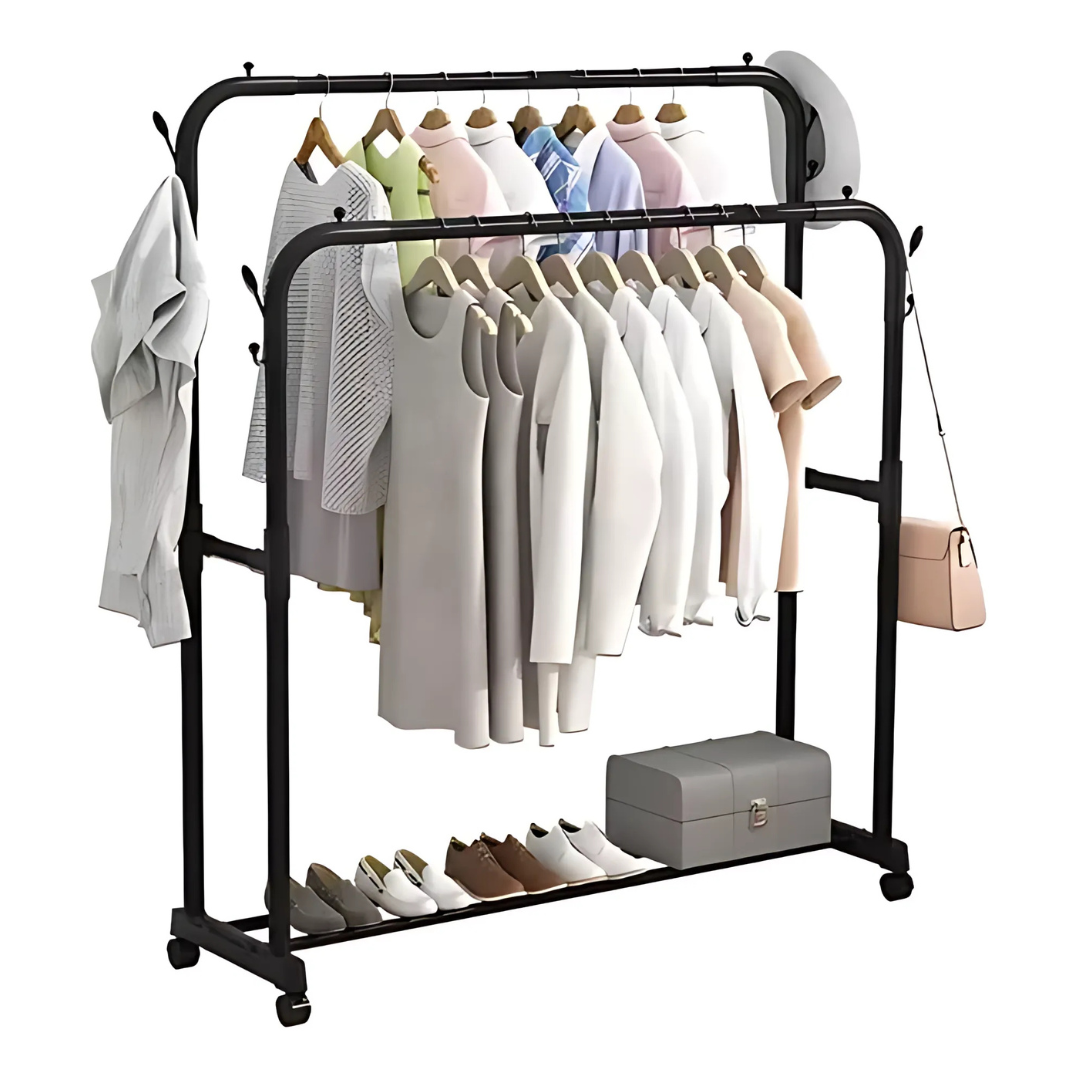 Colgador Perchero de Metal con Ruedas con Doble Organizador 143x96x42cm