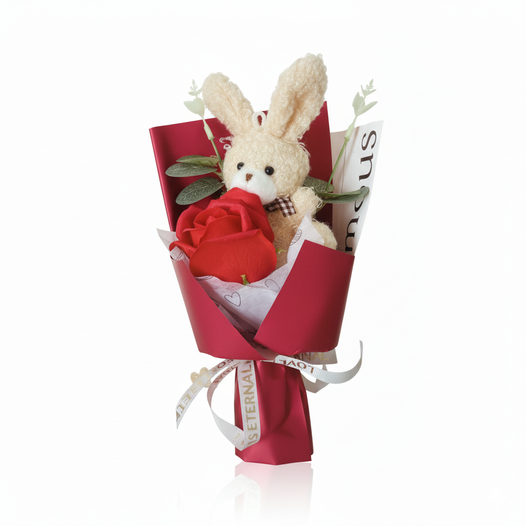 Ramo de conejito de peluche con rosa en caja