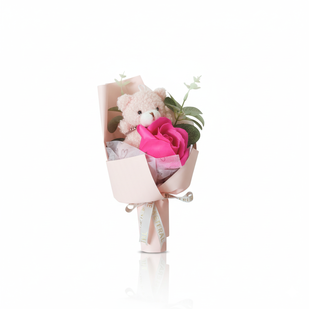 Ramo de oso de peluche con rosa en caja