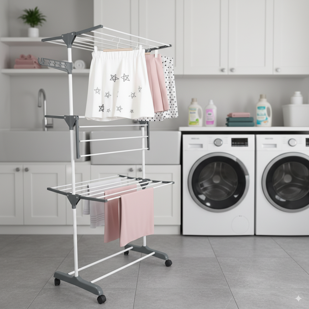 Tendedero de Ropa Multifuncional 4 Niveles Plegable con Ruedas