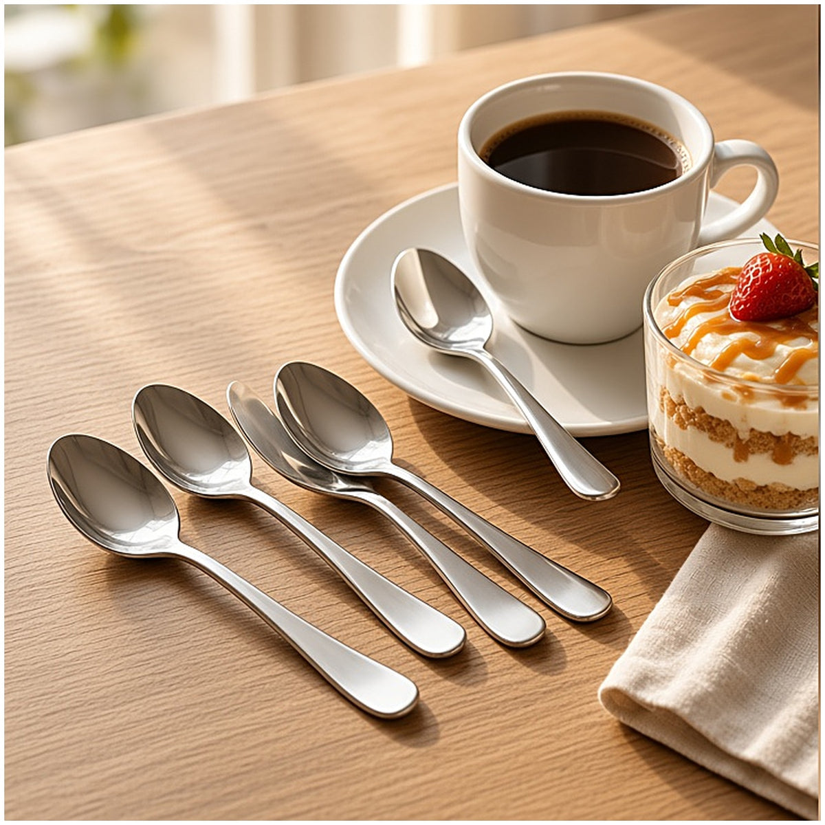 Cucharitas de acero inoxidable sobre una mesa de desayuno con café y postre