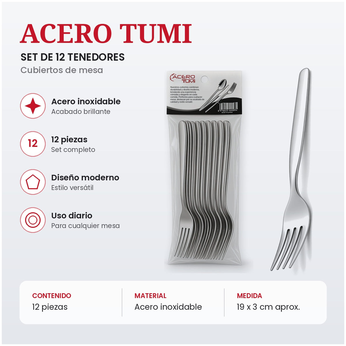 Ficha del set de 12 tenedores Acero Tumi de acero inoxidable de 19 x 3 cm