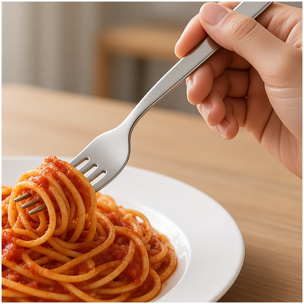 Mano enrollando espaguetis con un tenedor de acero inoxidable