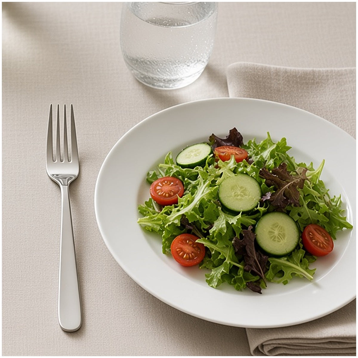 Tenedor de acero inoxidable junto a un plato de ensalada en una mesa servida
