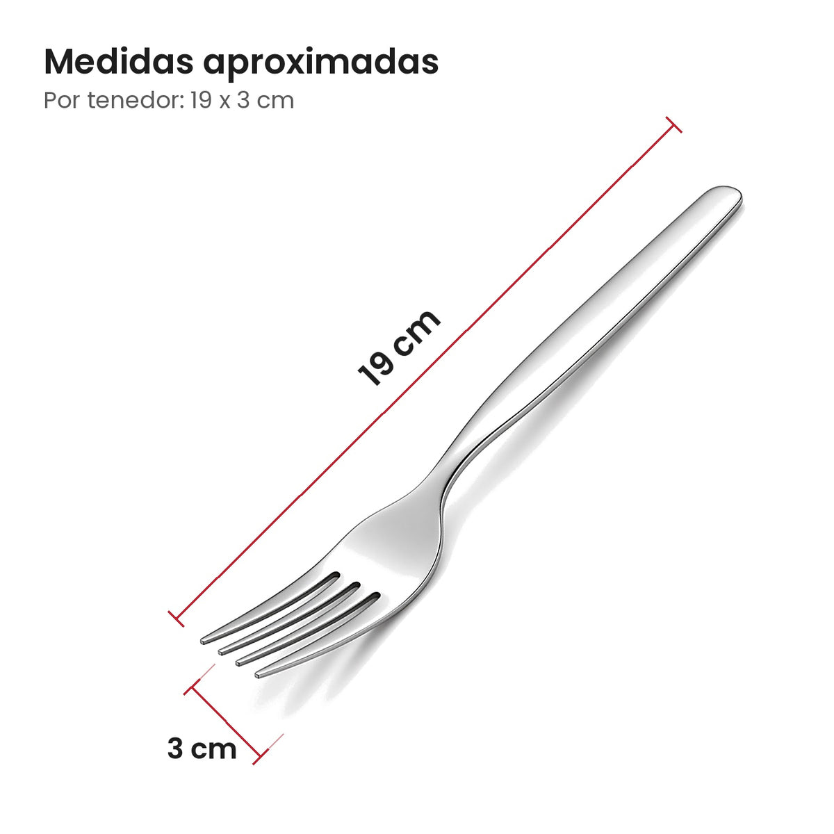 Medidas aproximadas del tenedor: 19 cm de largo y 3 cm de ancho