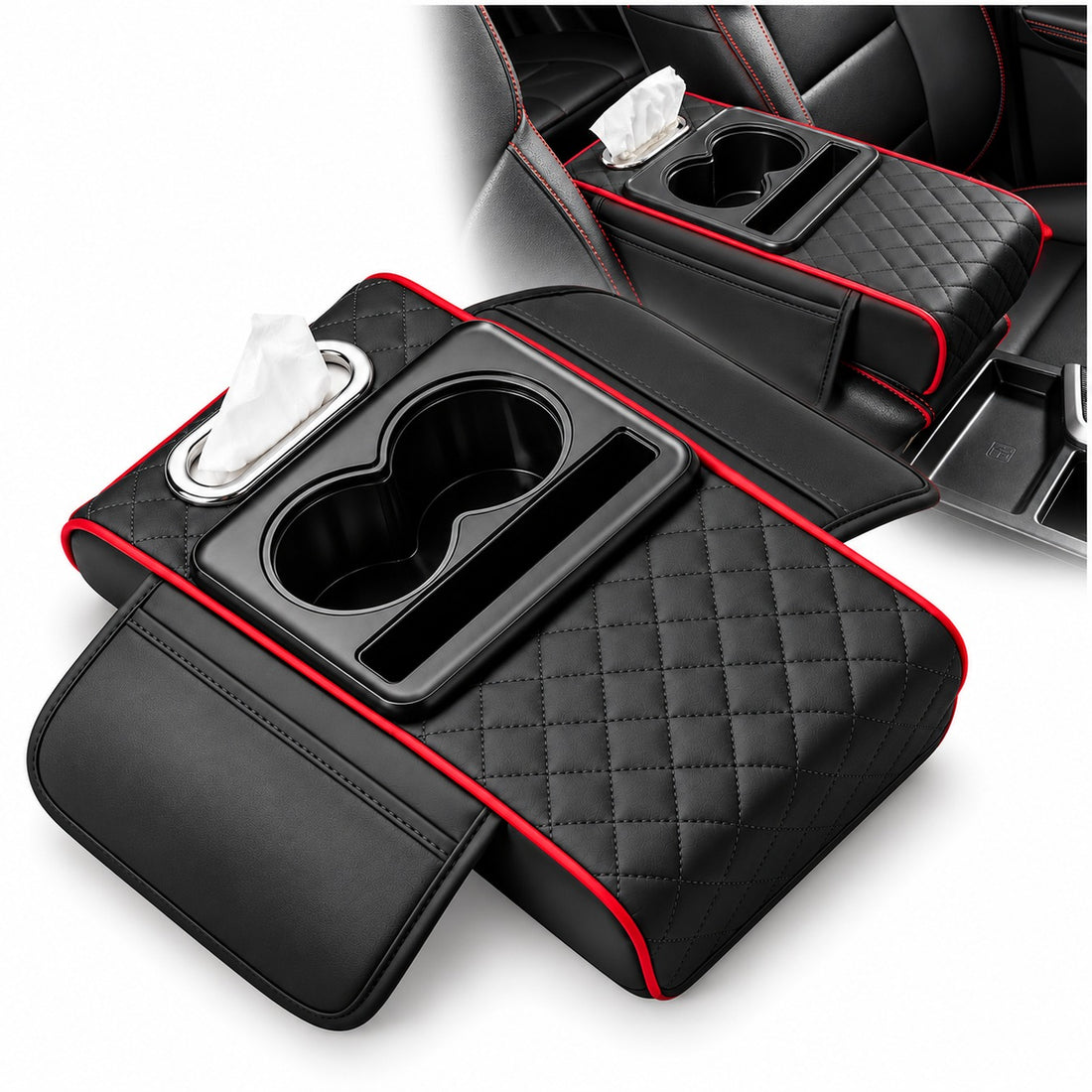 Organizador de Reposabrazos para Auto con Portavasos, Porta Pañuelos y Compartimentos Negro