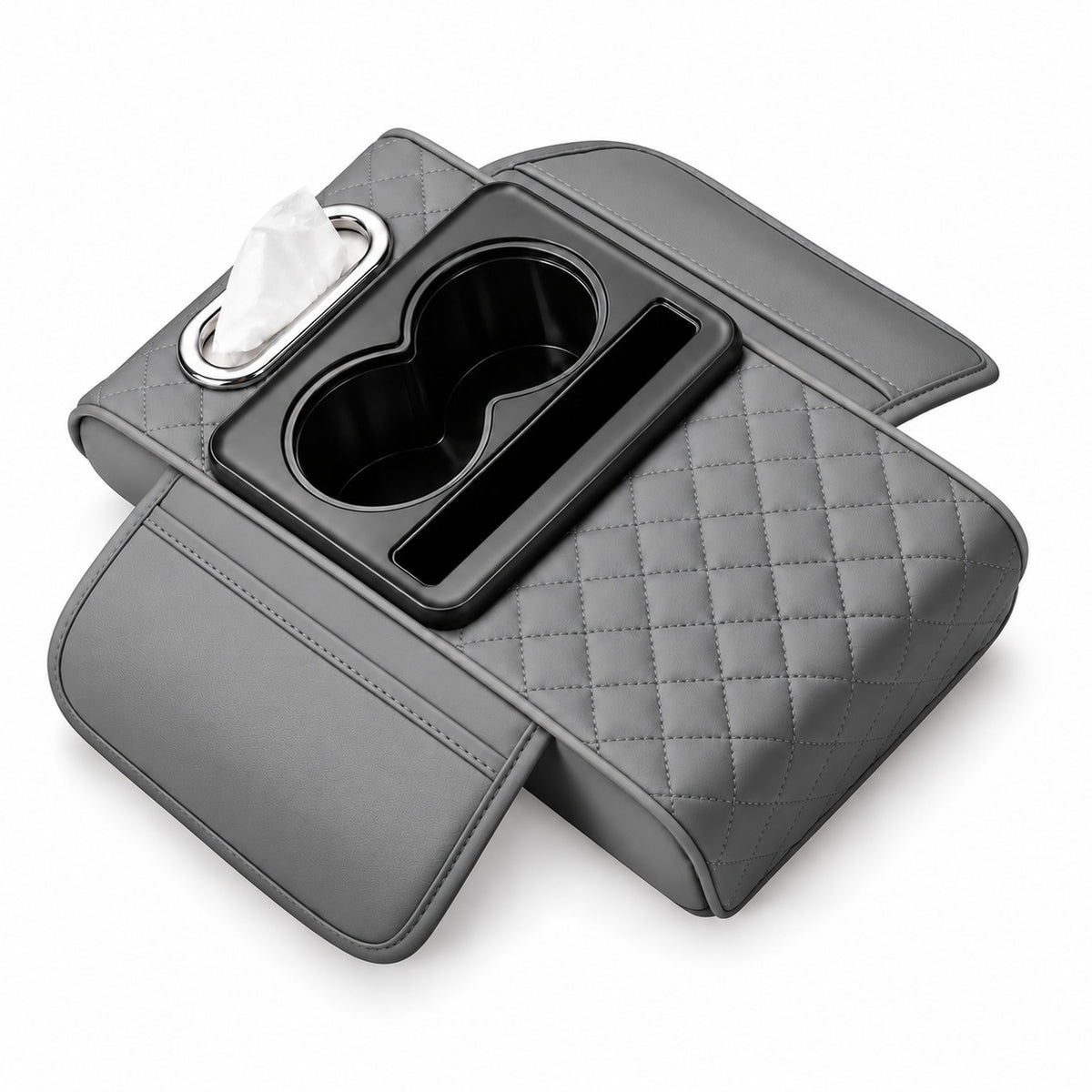 Organizador de Reposabrazos para Auto con Portavasos, Porta Pañuelos y Compartimentos Gris