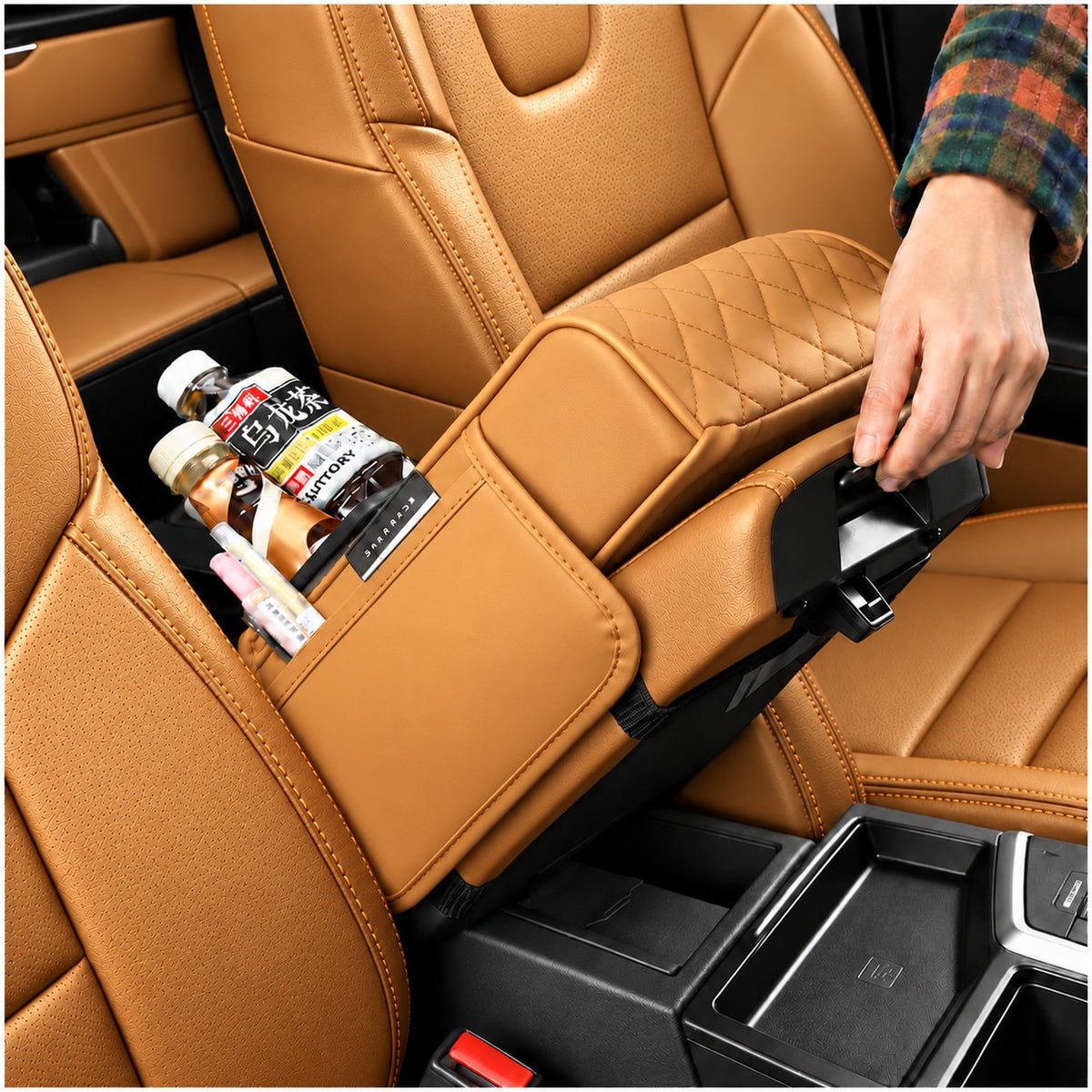 Organizador de Reposabrazos para Auto con Portavasos, Porta Pañuelos y Compartimentos Camel