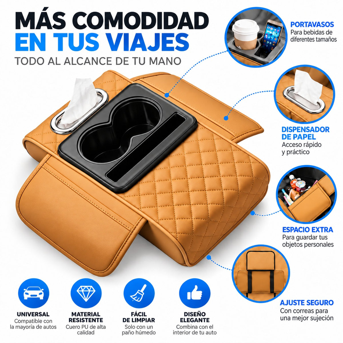 Organizador de Reposabrazos para Auto con Portavasos, Porta Pañuelos y Compartimentos Camel