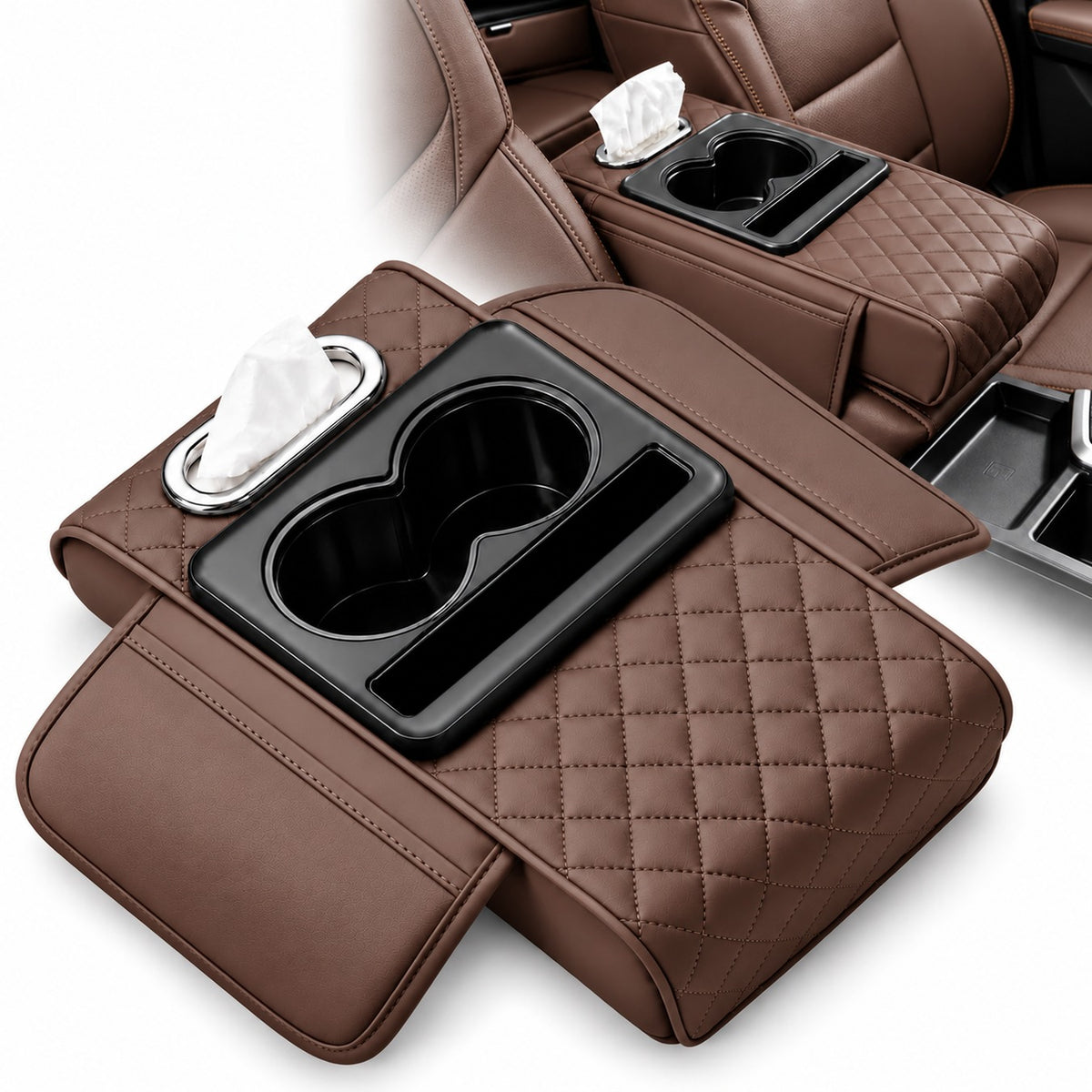 Organizador de Reposabrazos para Auto con Portavasos, Porta Pañuelos y Compartimentos Marrón