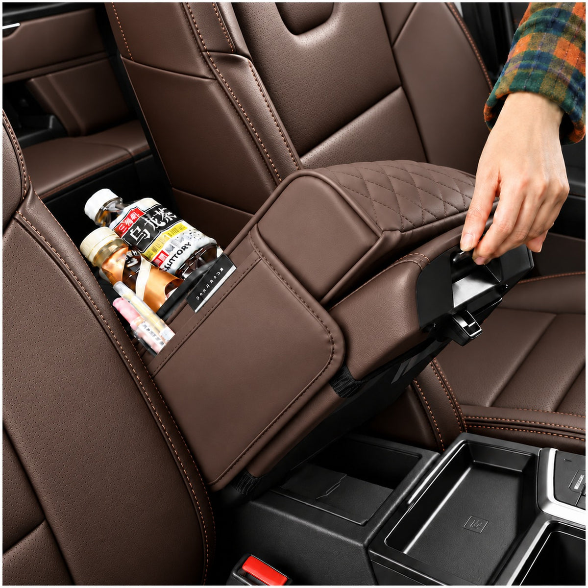 Organizador de Reposabrazos para Auto con Portavasos, Porta Pañuelos y Compartimentos Marrón