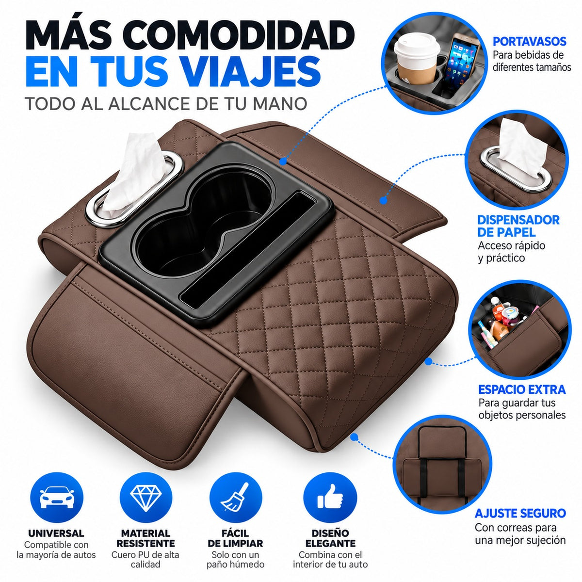 Organizador de Reposabrazos para Auto con Portavasos, Porta Pañuelos y Compartimentos Marrón
