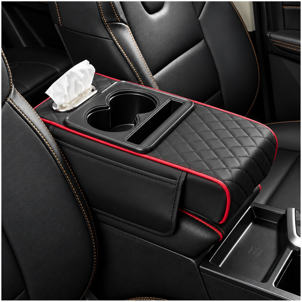 Organizador de Reposabrazos para Auto con Portavasos, Porta Pañuelos y Compartimentos Negro