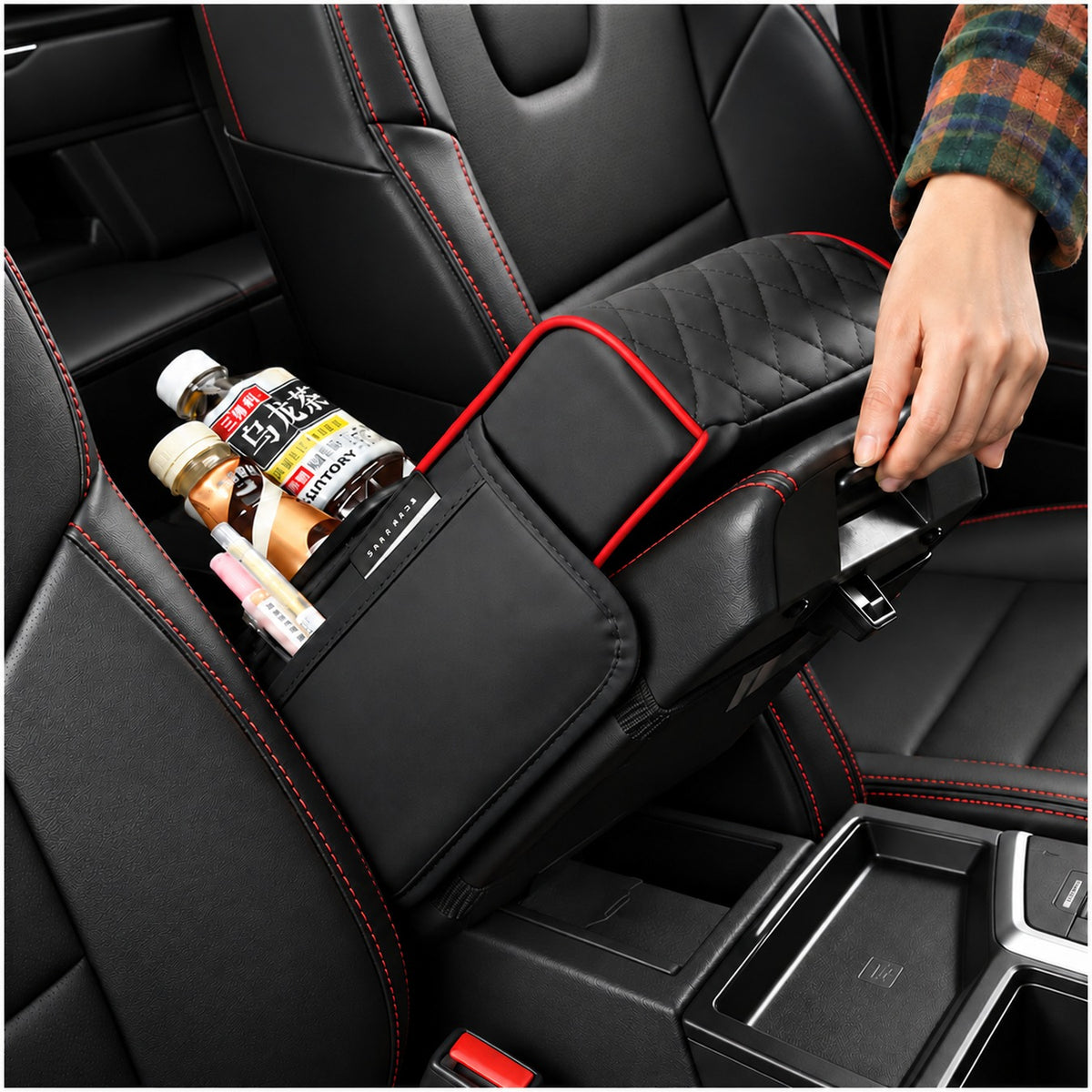Organizador de Reposabrazos para Auto con Portavasos, Porta Pañuelos y Compartimentos Negro