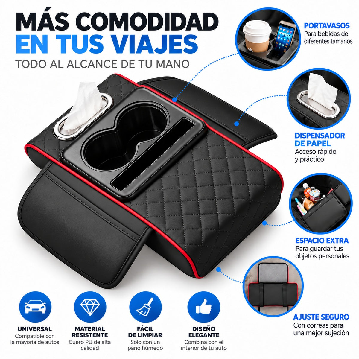 Organizador de Reposabrazos para Auto con Portavasos, Porta Pañuelos y Compartimentos Negro