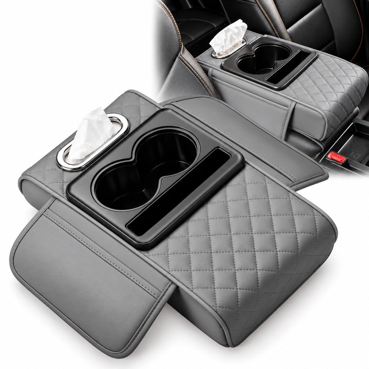 Organizador de Reposabrazos para Auto con Portavasos, Porta Pañuelos y Compartimentos Gris