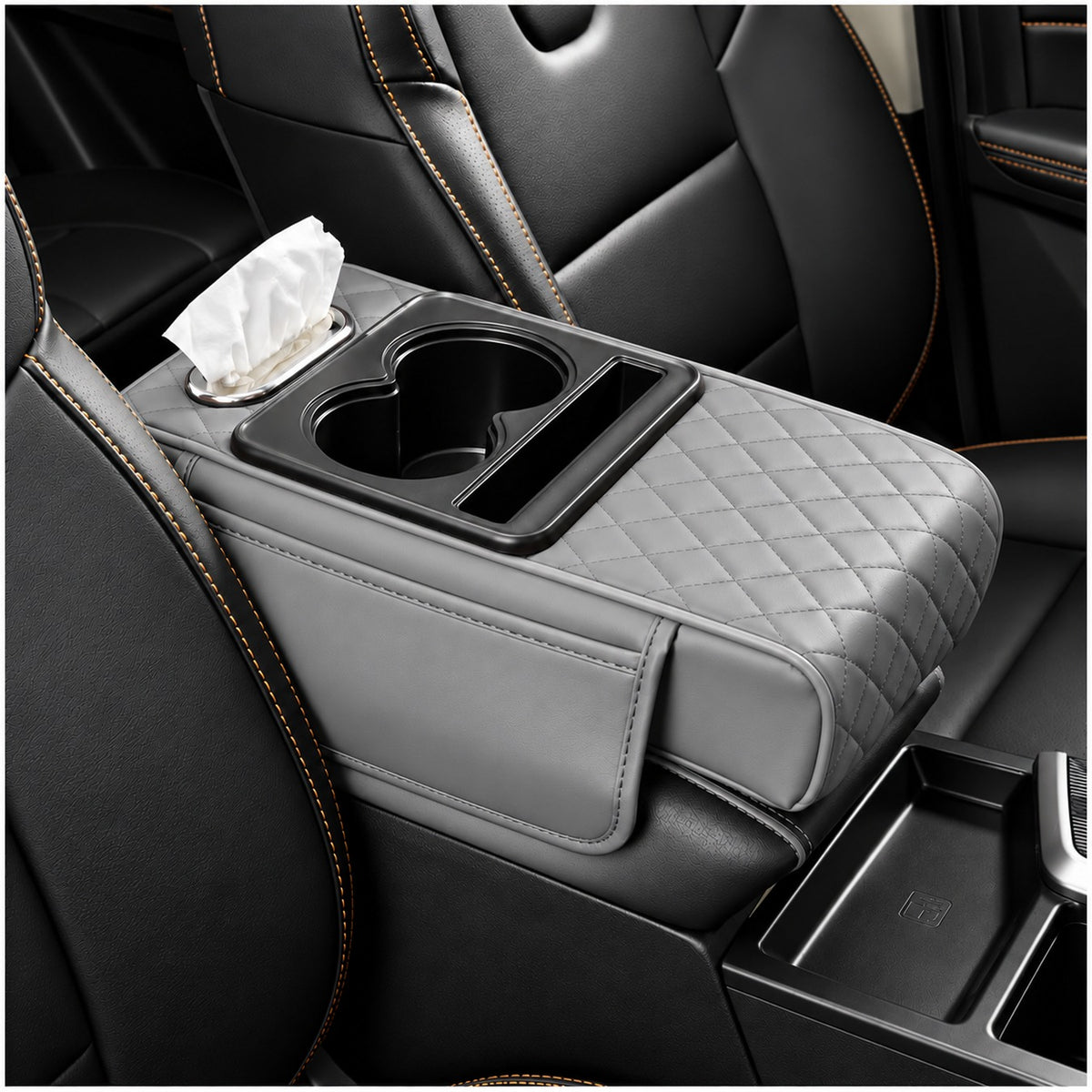 Organizador de Reposabrazos para Auto con Portavasos, Porta Pañuelos y Compartimentos Gris