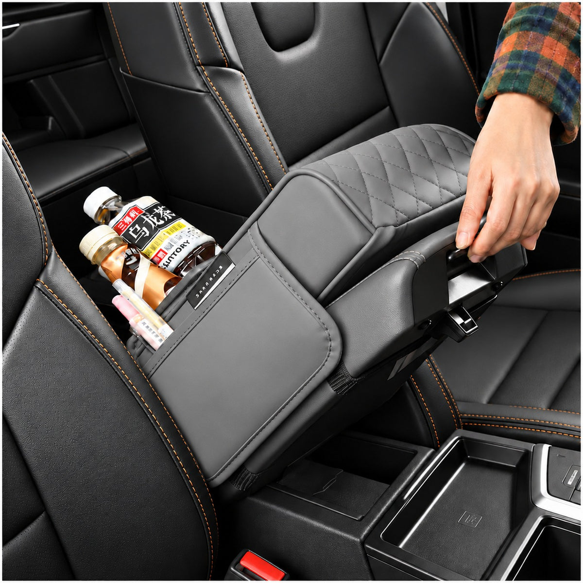 Organizador de Reposabrazos para Auto con Portavasos, Porta Pañuelos y Compartimentos Gris