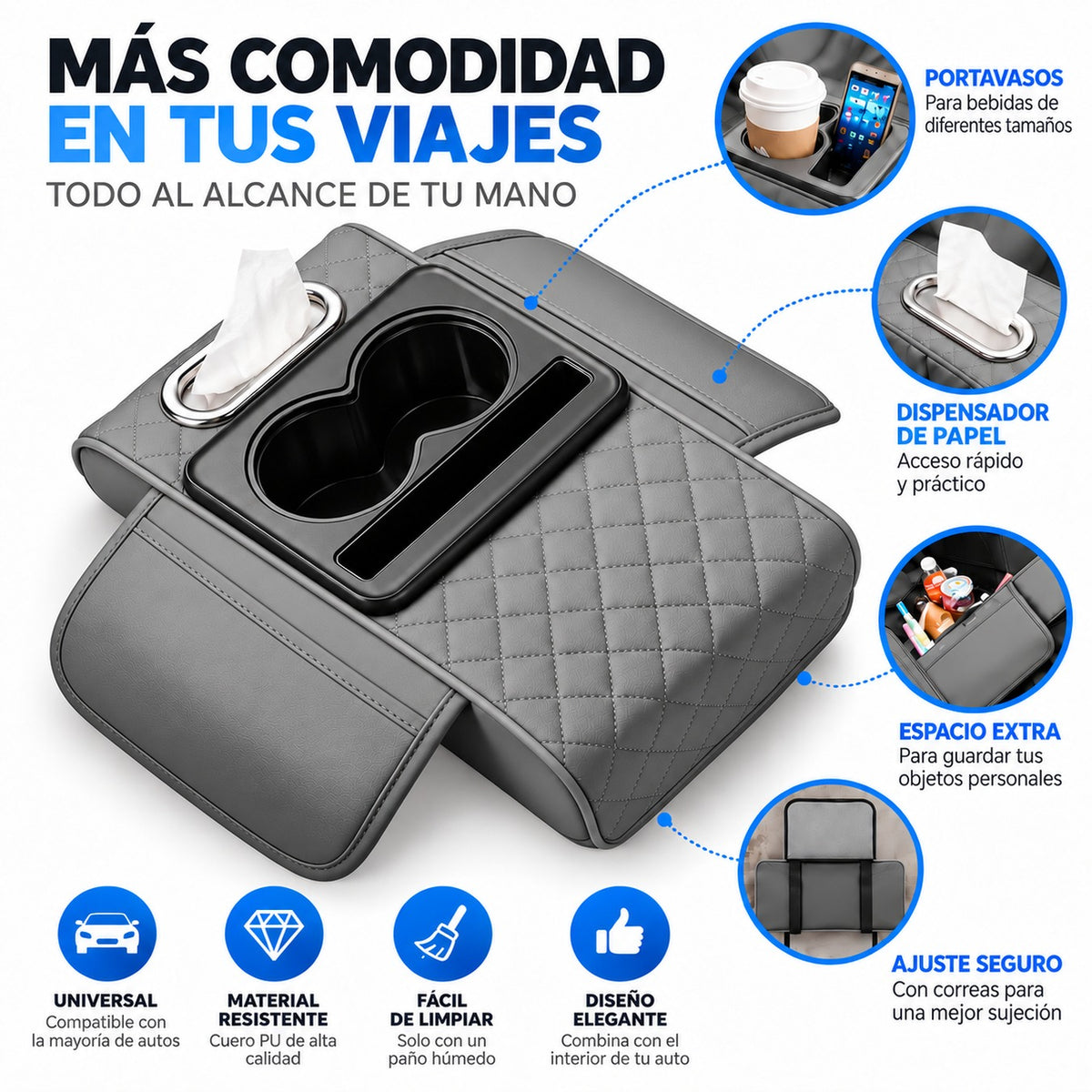 Organizador de Reposabrazos para Auto con Portavasos, Porta Pañuelos y Compartimentos Gris