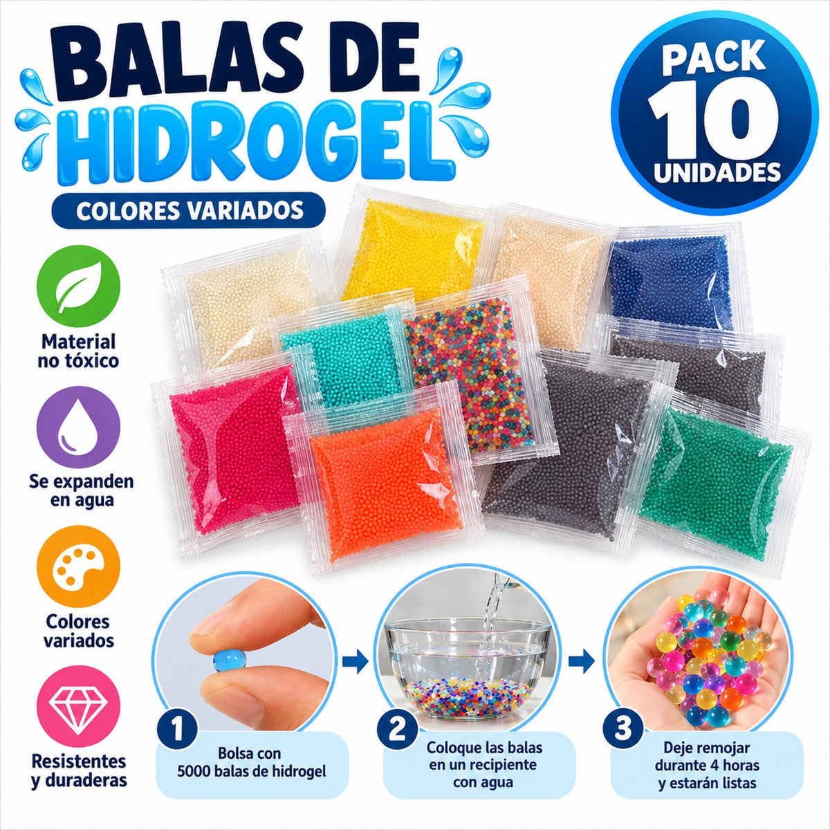 Ficha de balas de hidrogel pack de 10 bolsas con modo de uso