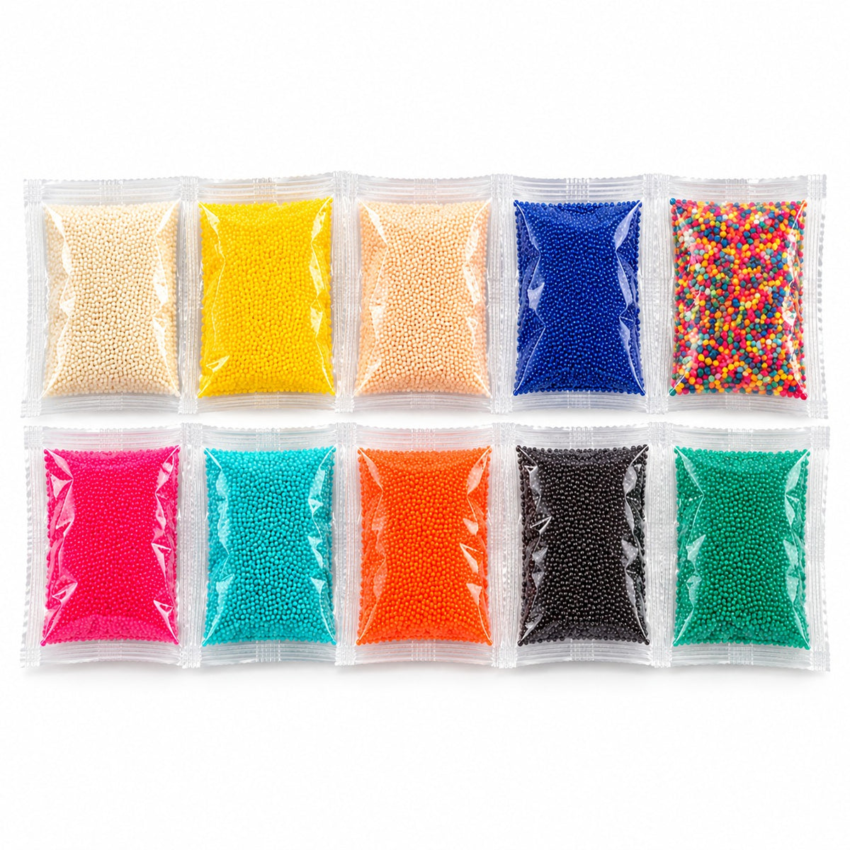 10 bolsas de balas de hidrogel de colores en dos filas