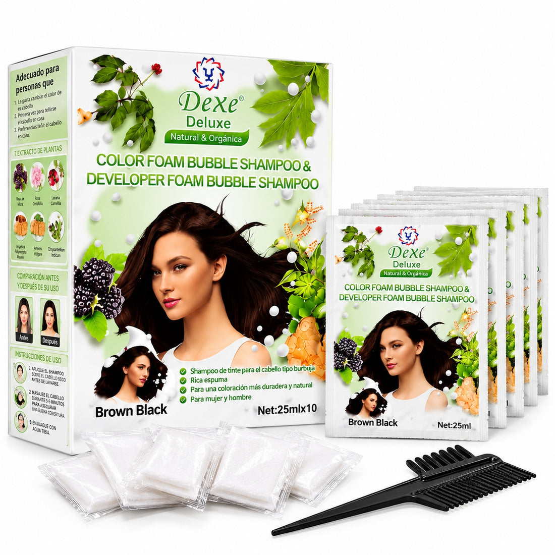 Shampoo Tinte Dexe Deluxe Brown Black Negro Castaño Cubre Canas 10 Sachets