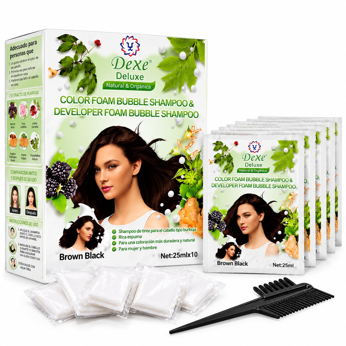 Shampoo Tinte Dexe Deluxe Brown Black Negro Castaño Cubre Canas 10 Sachets
