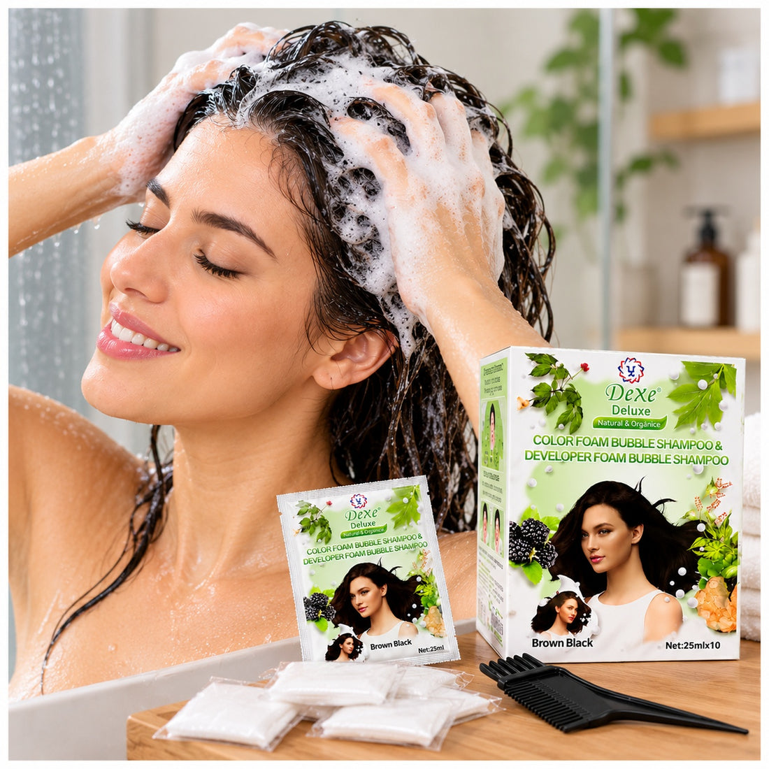 Shampoo Tinte Dexe Deluxe Brown Black Negro Castaño Cubre Canas 10 Sachets