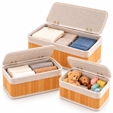 Set de 3 Cestas Cajas Organizadoras de Bambú con Tapa para Ropa Juguetes y Hogar