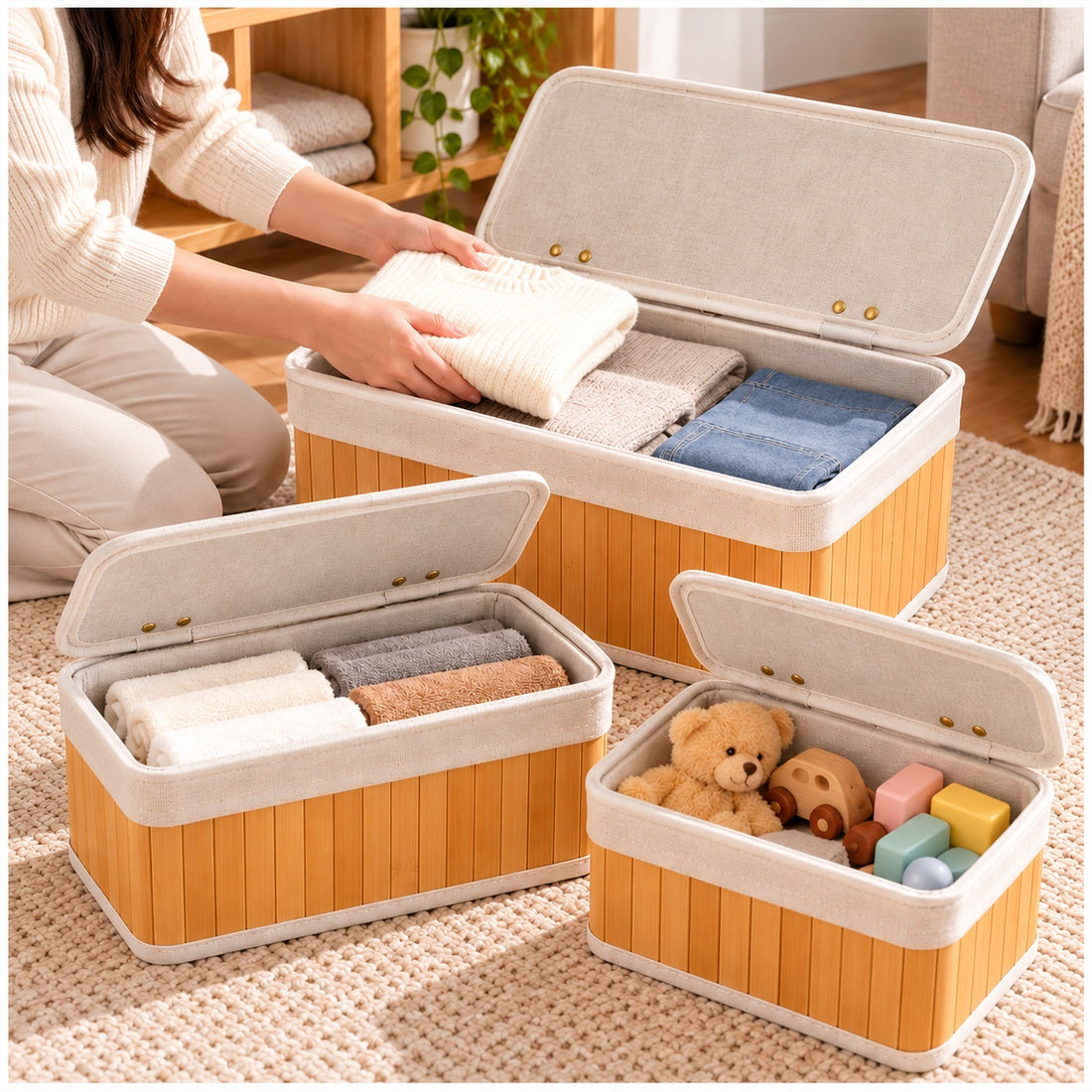 Set de 3 Cestas Cajas Organizadoras de Bambú con Tapa para Ropa Juguetes y Hogar