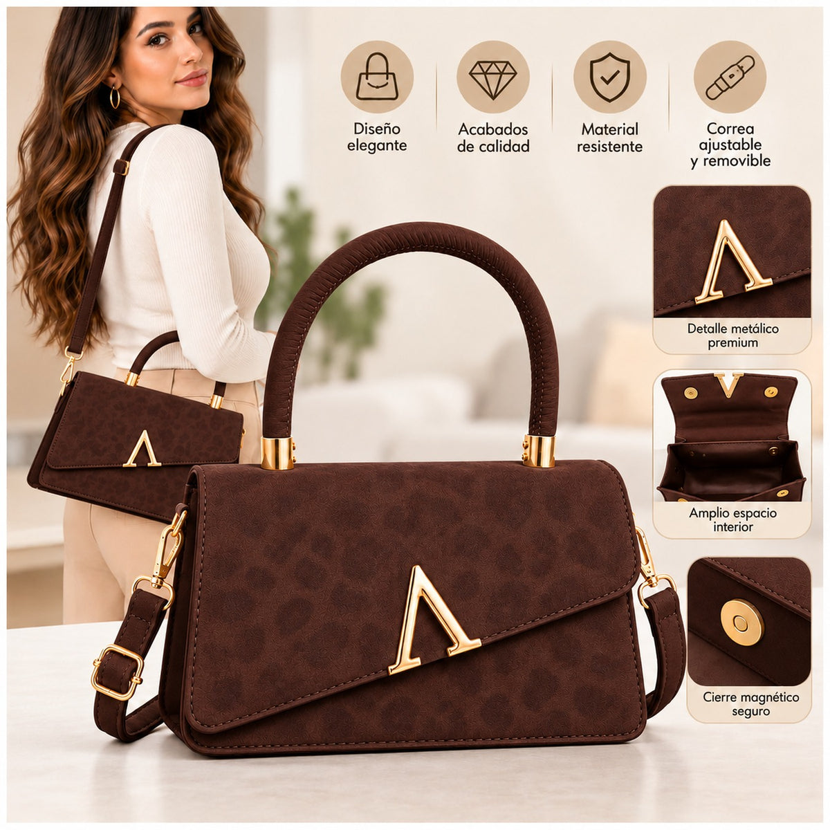 Cartera de Mujer Elegante con Asa y Correa Ajustable color Marrón - imagen 14