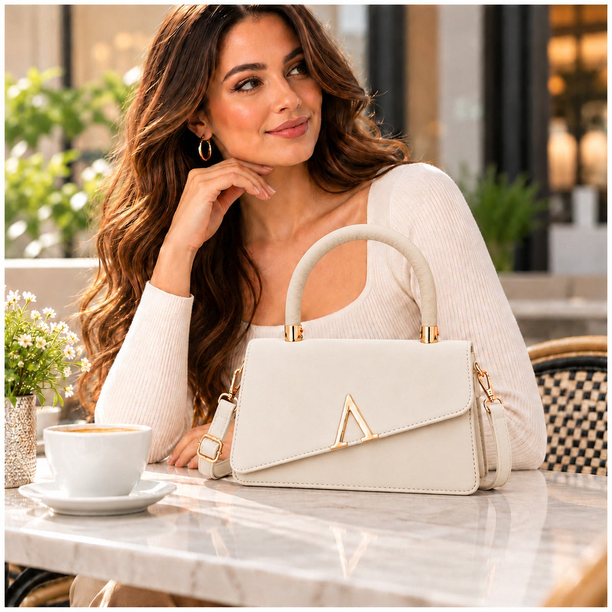 Cartera de Mujer Elegante con Asa y Correa Ajustable color Crema - imagen 17