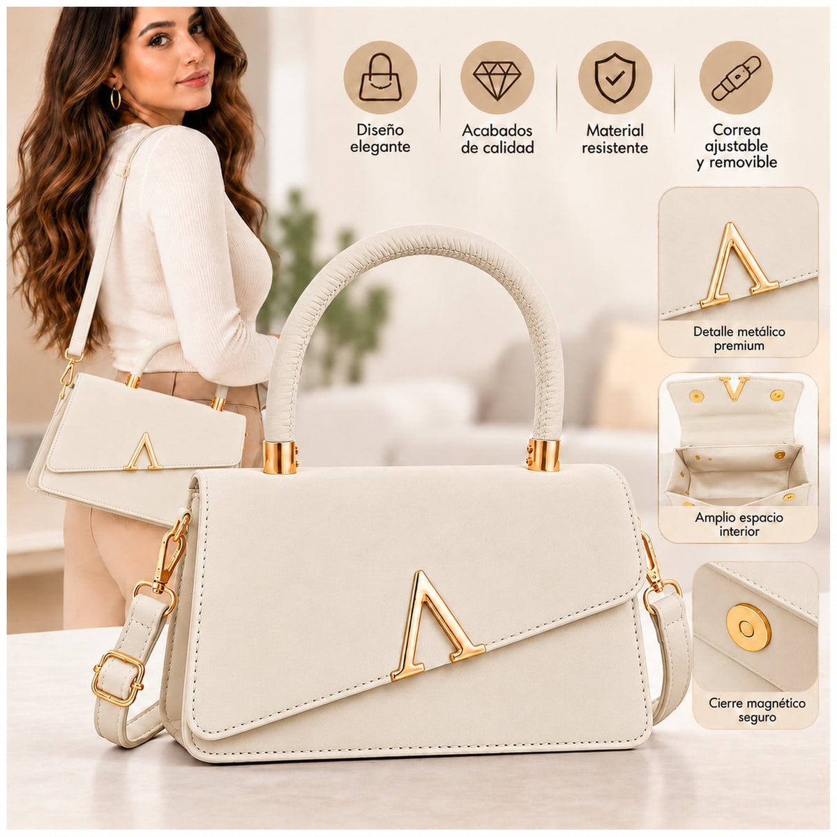 Cartera de Mujer Elegante con Asa y Correa Ajustable color Crema - imagen 19