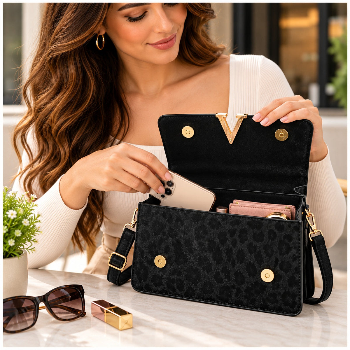 Cartera de Mujer Elegante con Asa y Correa Ajustable color Negro - imagen 3