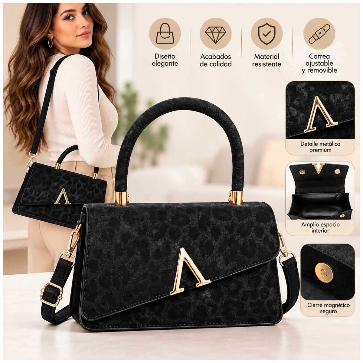 Cartera de Mujer Elegante con Asa y Correa Ajustable color Negro - imagen 4