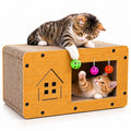 Casa rascador para gatos de cartón con juguetes colgantes y refugio imagen 1