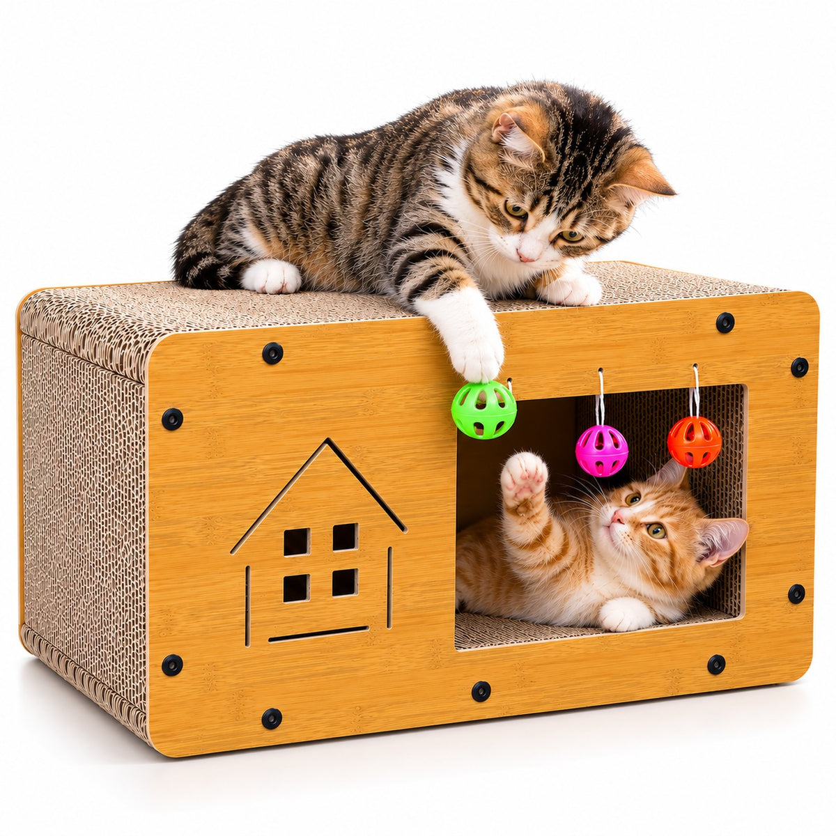 Casa rascador para gatos de cartón con juguetes colgantes y refugio imagen 1
