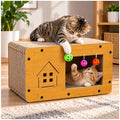 Casa rascador para gatos de cartón con juguetes colgantes y refugio imagen 2
