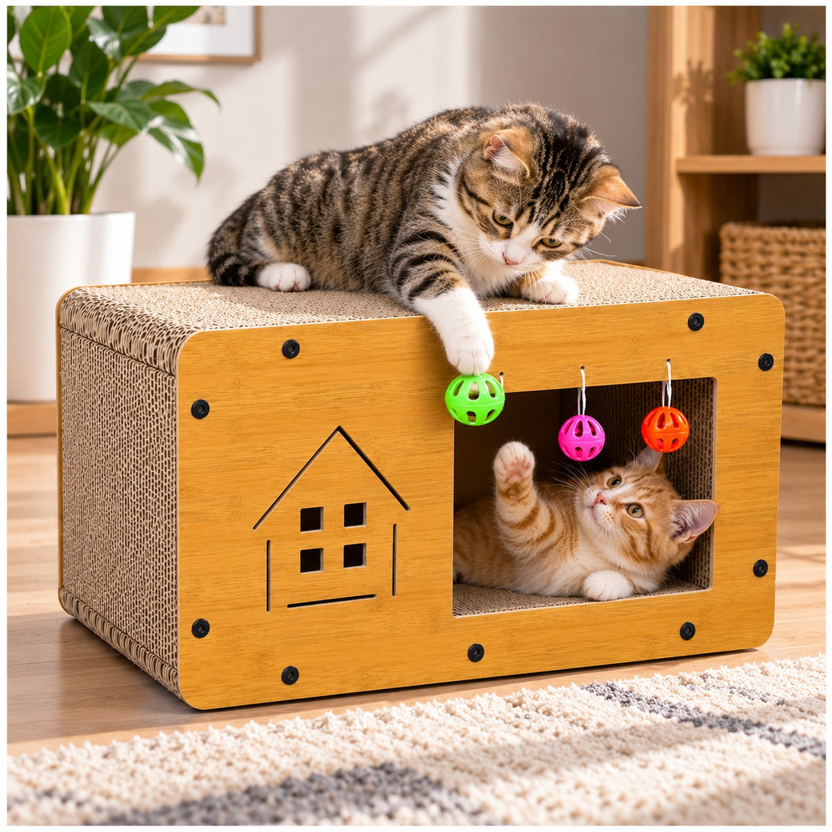 Casa rascador para gatos de cartón con juguetes colgantes y refugio imagen 2