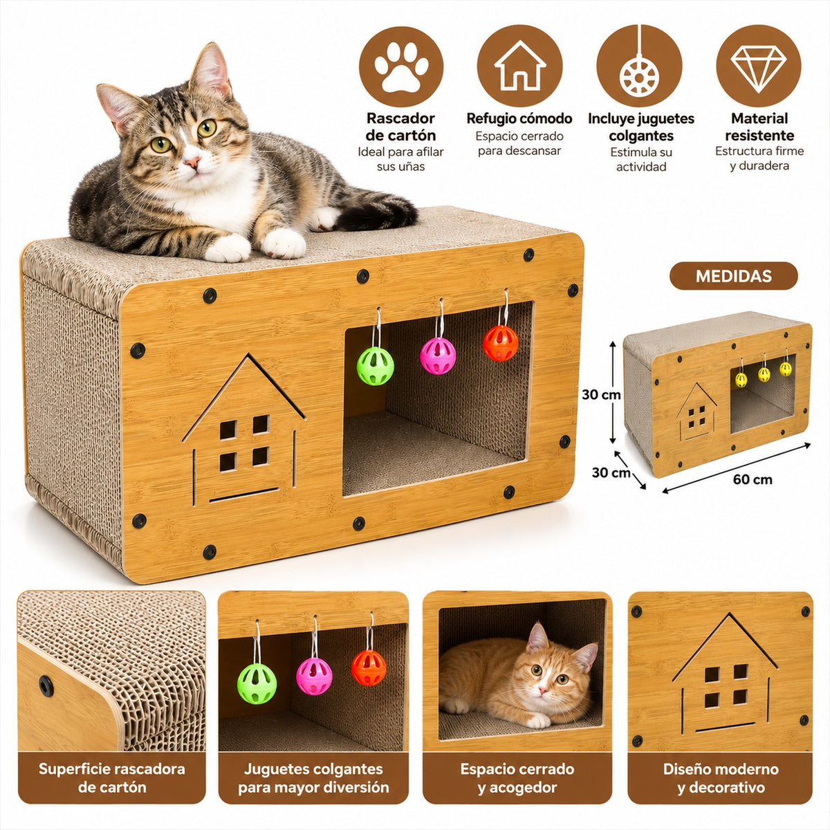 Casa rascador para gatos de cartón con juguetes colgantes y refugio imagen 4