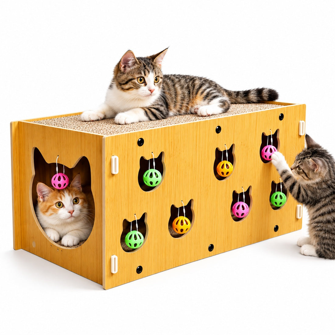 Casa túnel rascador para gatos con pelotas colgantes y superficie de cartón corrugado