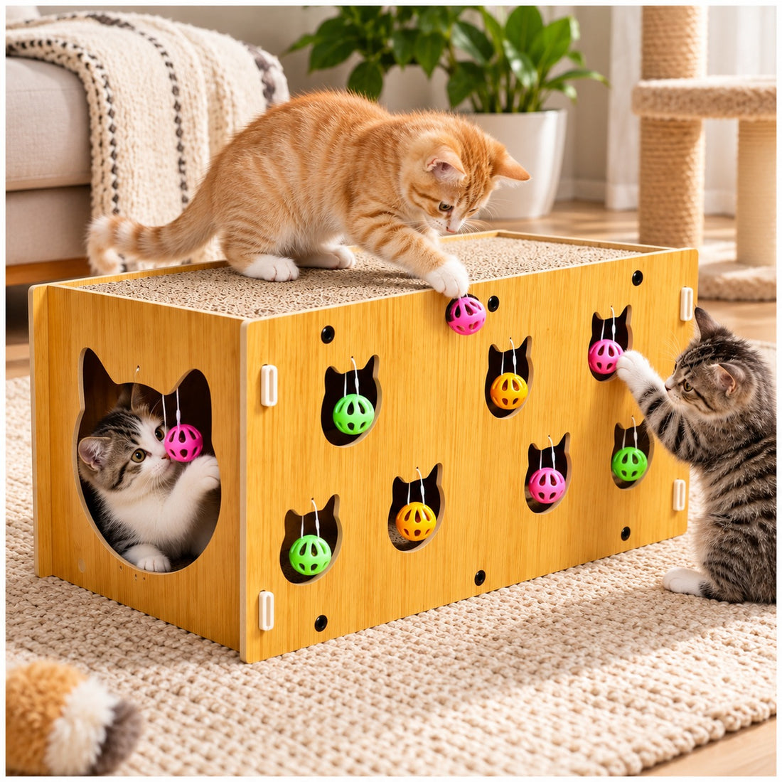 Casa túnel rascador para gatos con pelotas colgantes y superficie de cartón corrugado