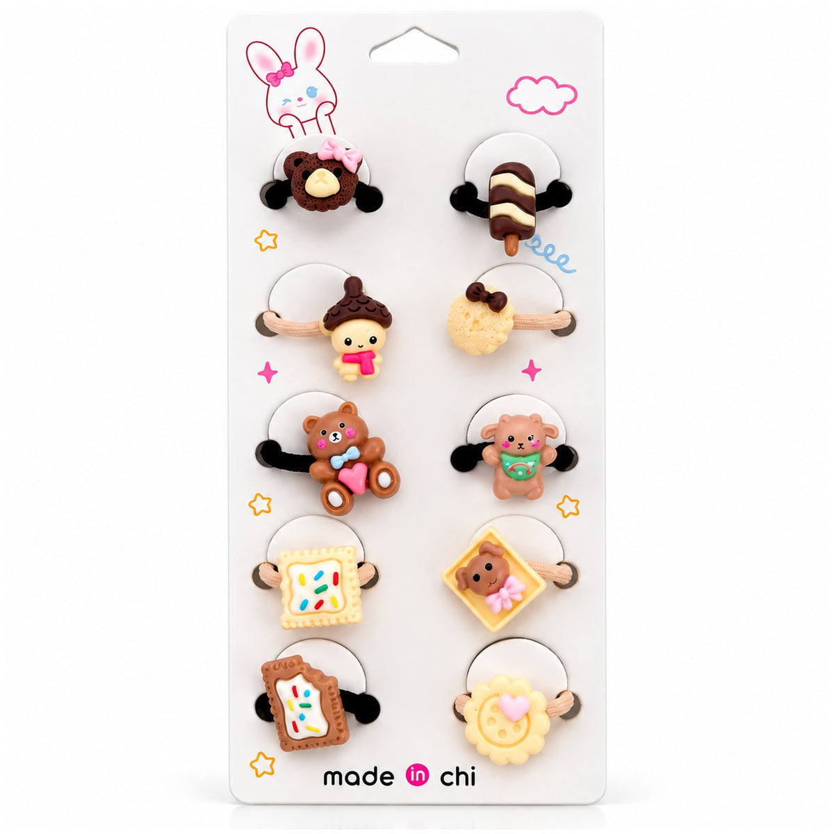 Set de 10 colets para niñas con figuras 3D kawaii en tarjeta