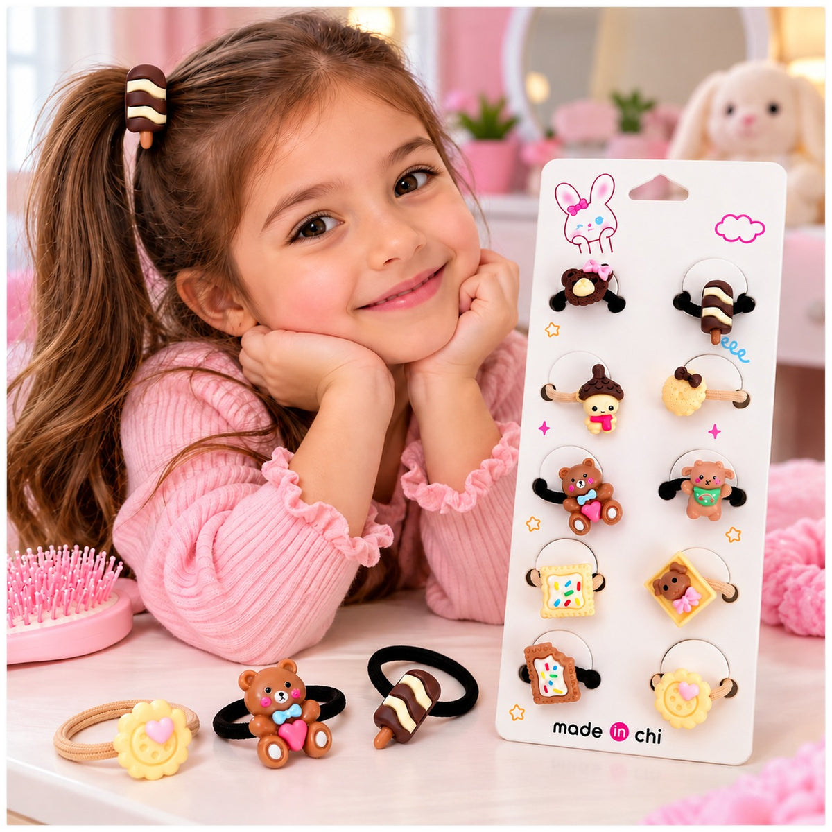 Niña sonriendo junto al set de 10 colets kawaii