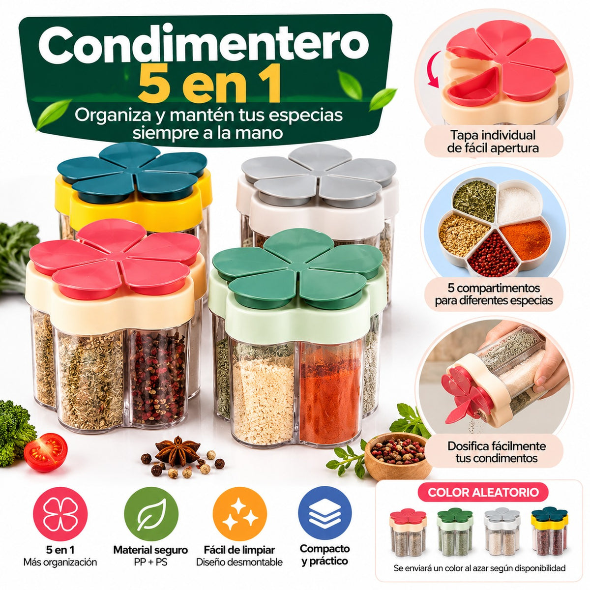 Condimentero Organizador de Especias 5 Compartimientos con Tapas Individuales – Color Aleatorio