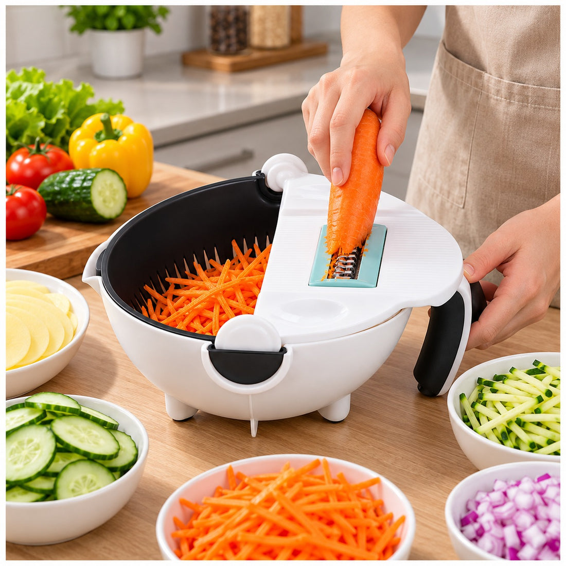 Cortador y Rallador de Verduras Multifuncional con Escurridor 5 Cuchillas Intercambiables y Accesorios