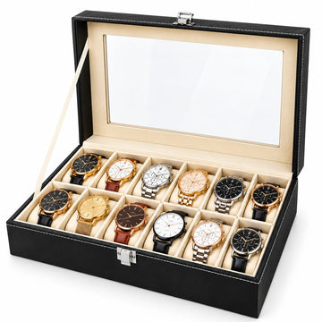 Caja Organizadora Porta 12 Relojes con Ventana Transparente y Cierre Metálico