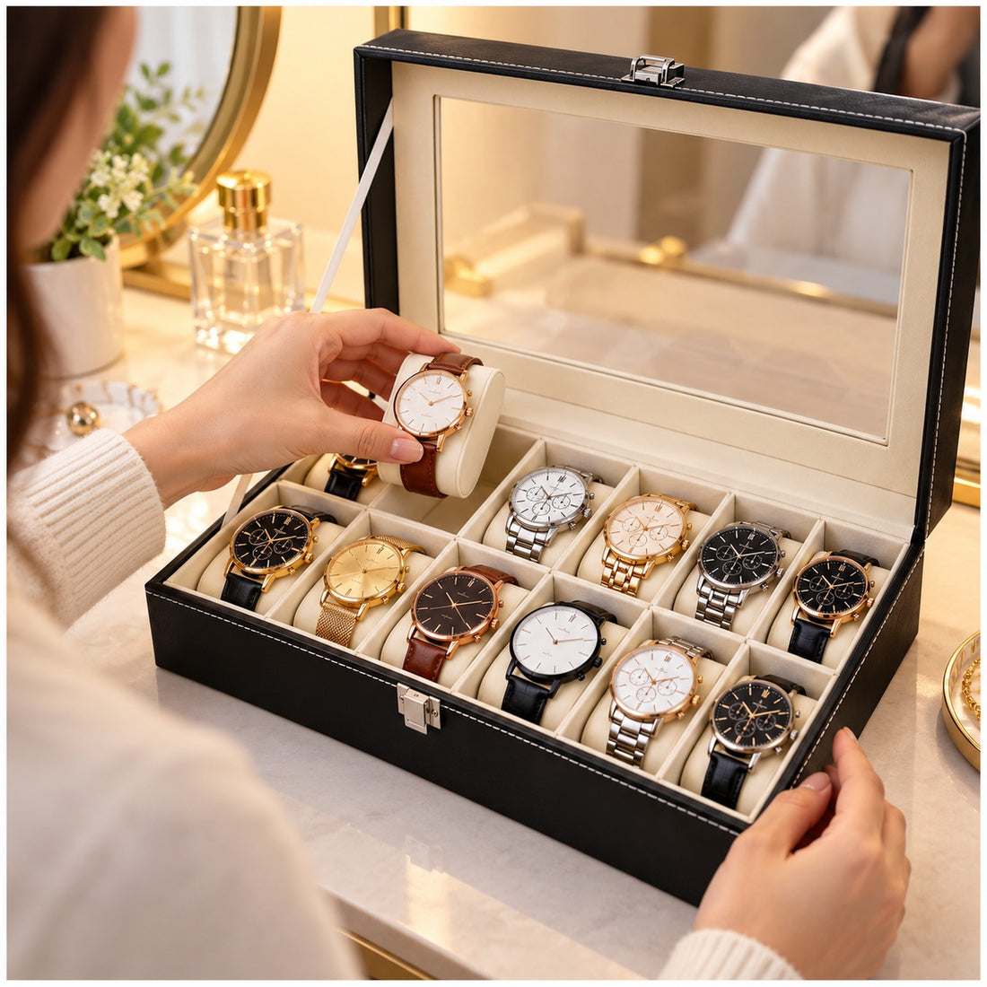 Caja Organizadora Porta 12 Relojes con Ventana Transparente y Cierre Metálico